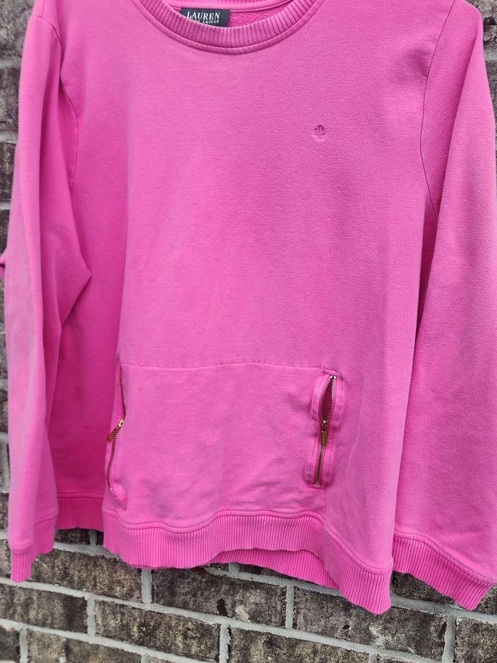 Lauren Ralph Lauren Pink Crewneck Sweatshirt with Zip Pocket Accents - Picture 5 of 7